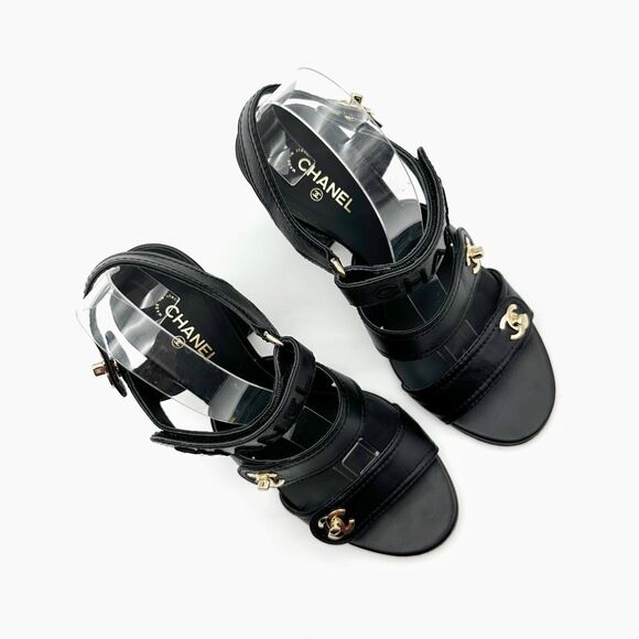 CHANEL 2021 Turnlock Black Slingback Heels Size 39 Interlocking CC Logo Sandals - Picture 3 of 14
